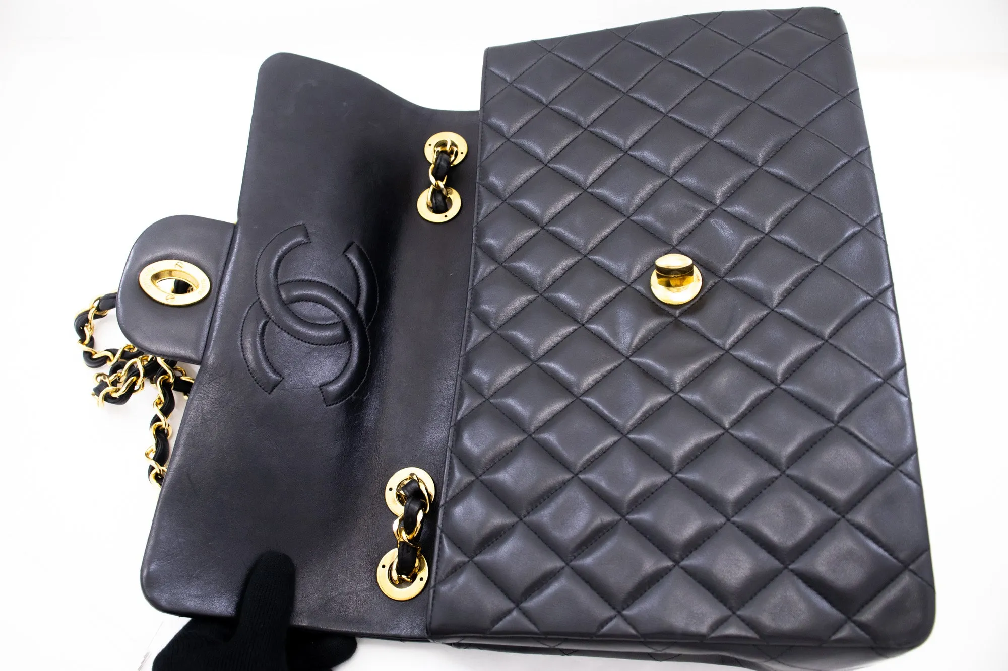 CHANEL Classic Large 13" Flap Chain Shoulder Bag Black Lambskin j74