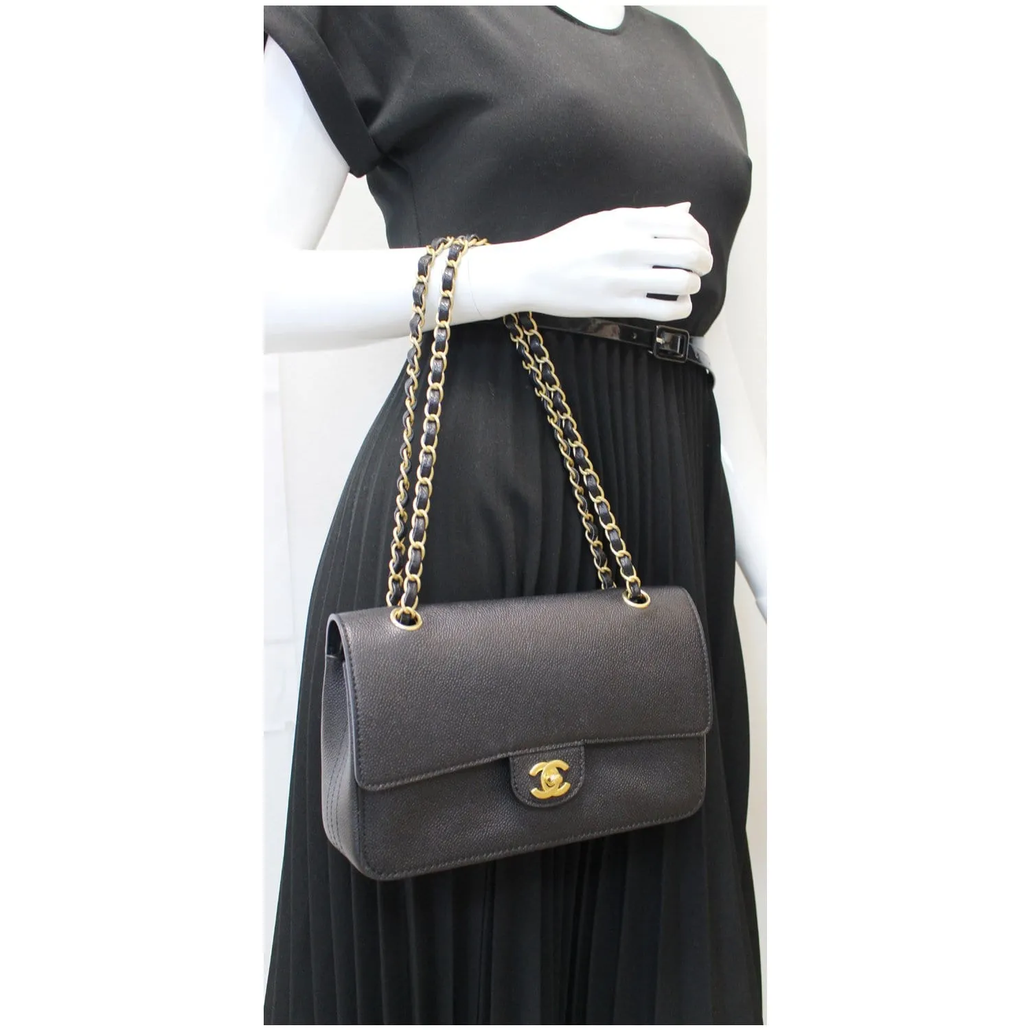 CHANEL Classic Pure Caviar Medium Double Flap Leather Shoulder Bag Black