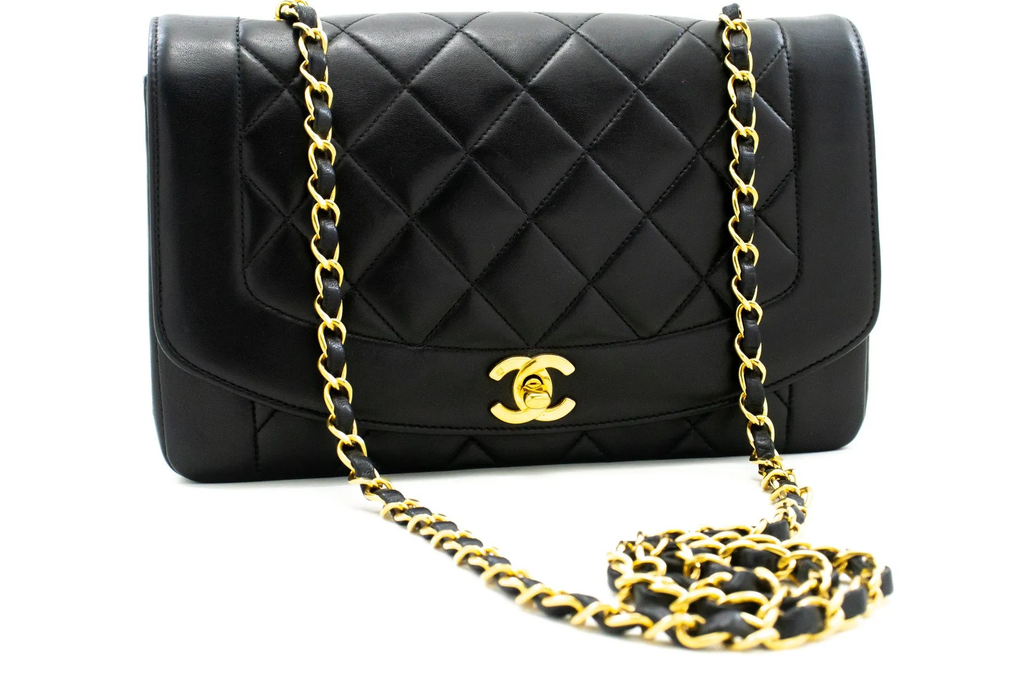CHANEL Diana Flap Chain Shoulder Bag Black Quilted Lambskin Purse m15