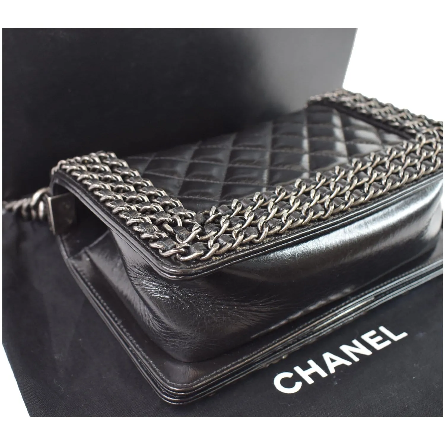 CHANEL Small Boy Embellished Chain Lambskin Shoulder Bag Black