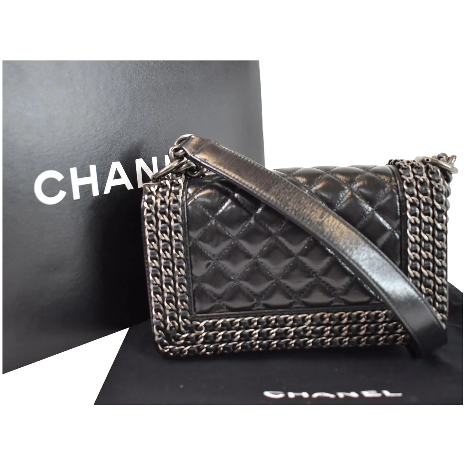 CHANEL Small Boy Embellished Chain Lambskin Shoulder Bag Black