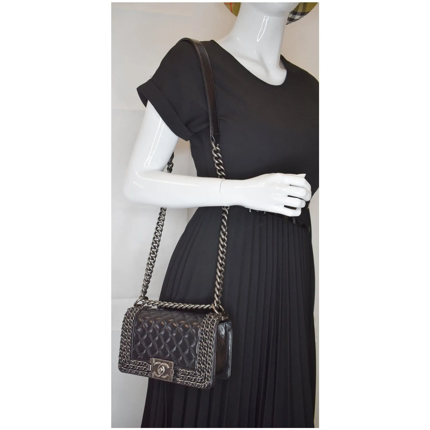 CHANEL Small Boy Embellished Chain Lambskin Shoulder Bag Black