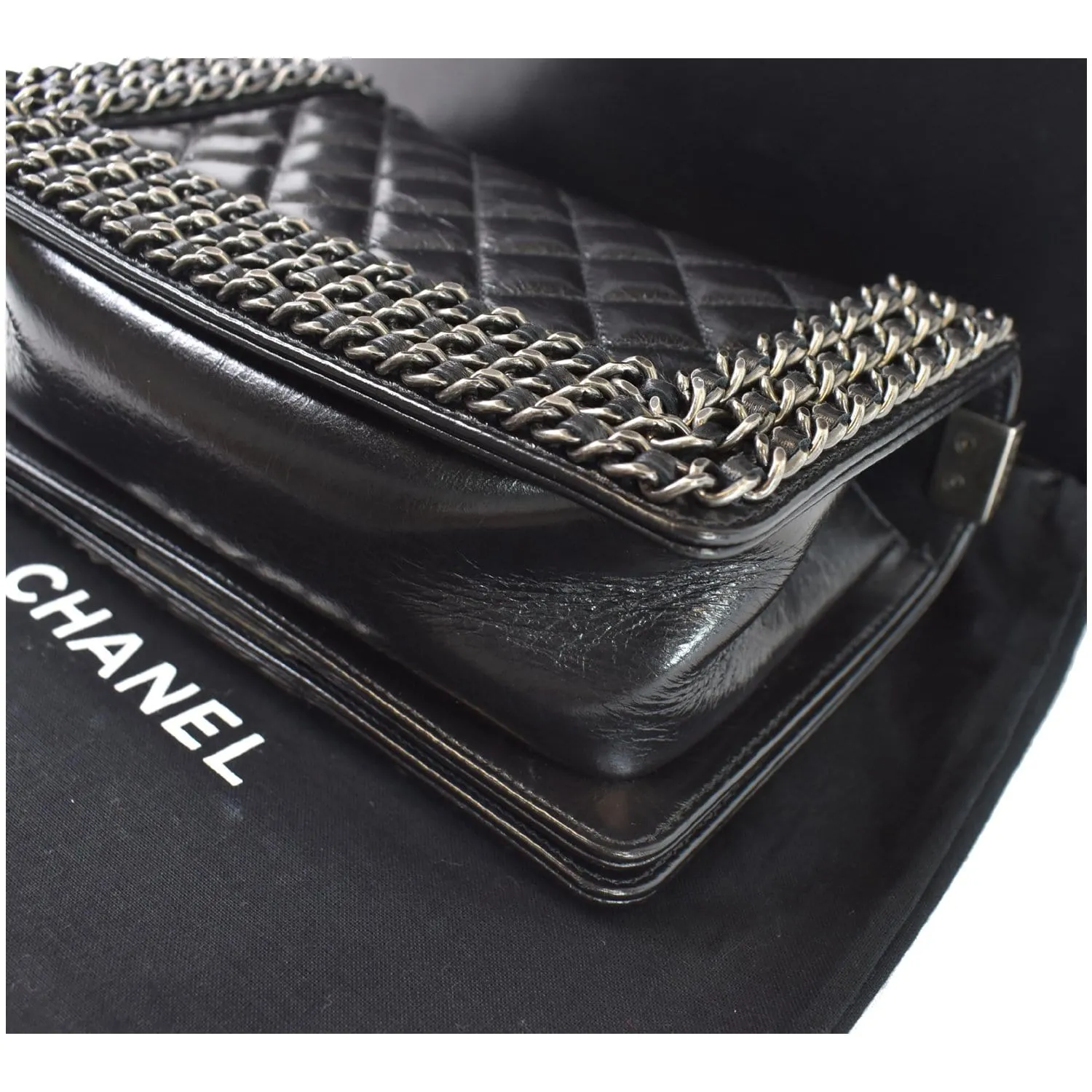 CHANEL Small Boy Embellished Chain Lambskin Shoulder Bag Black
