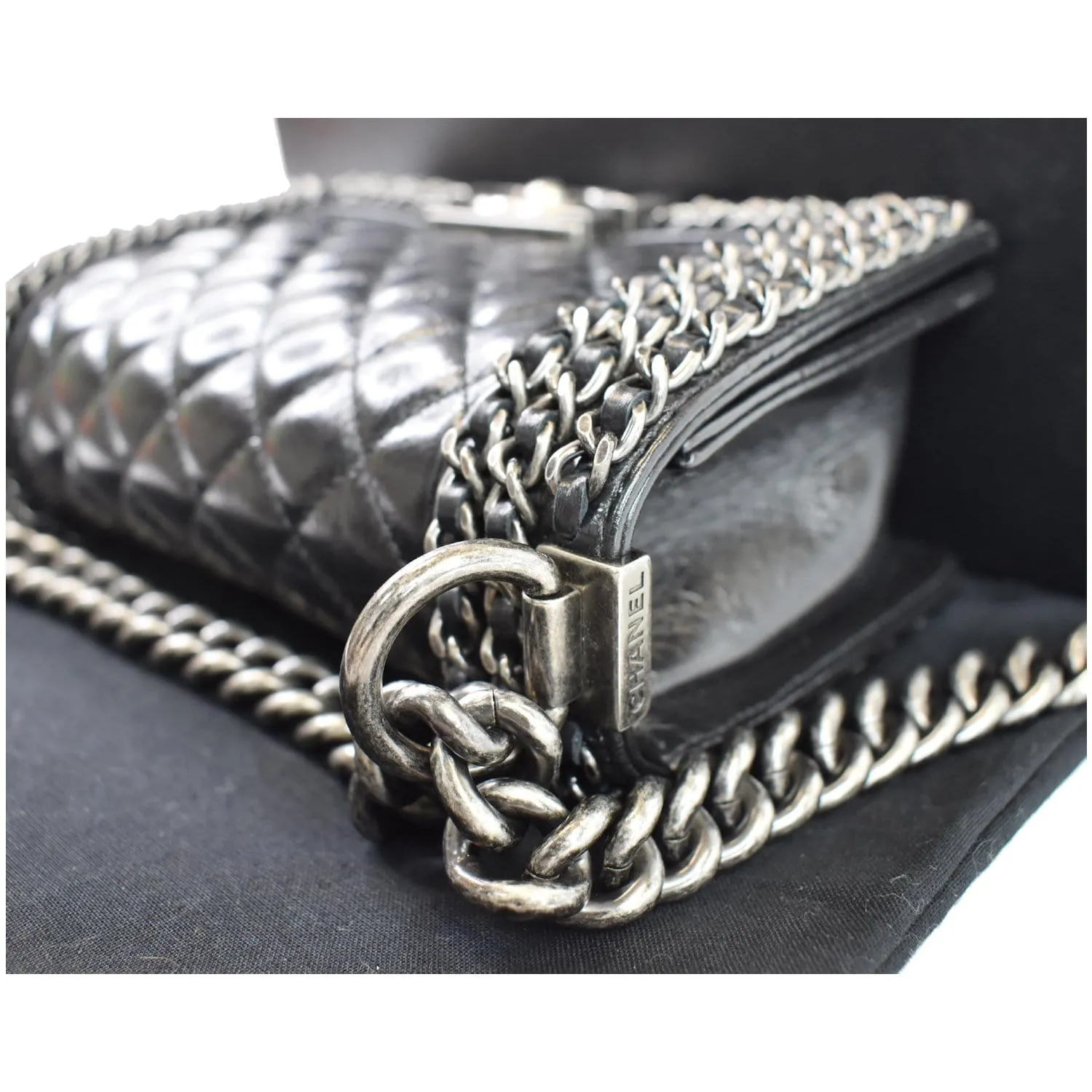 CHANEL Small Boy Embellished Chain Lambskin Shoulder Bag Black