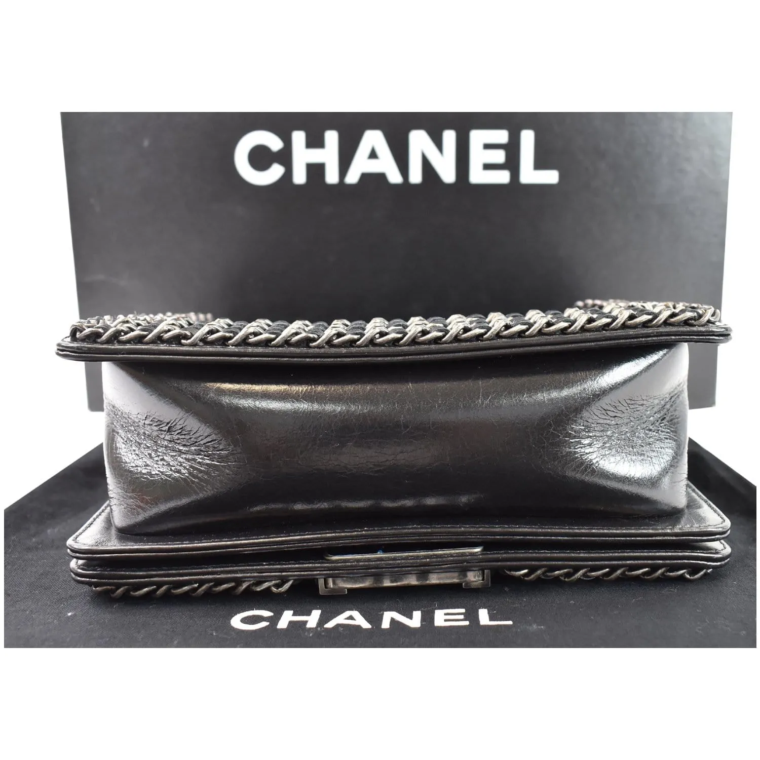 CHANEL Small Boy Embellished Chain Lambskin Shoulder Bag Black