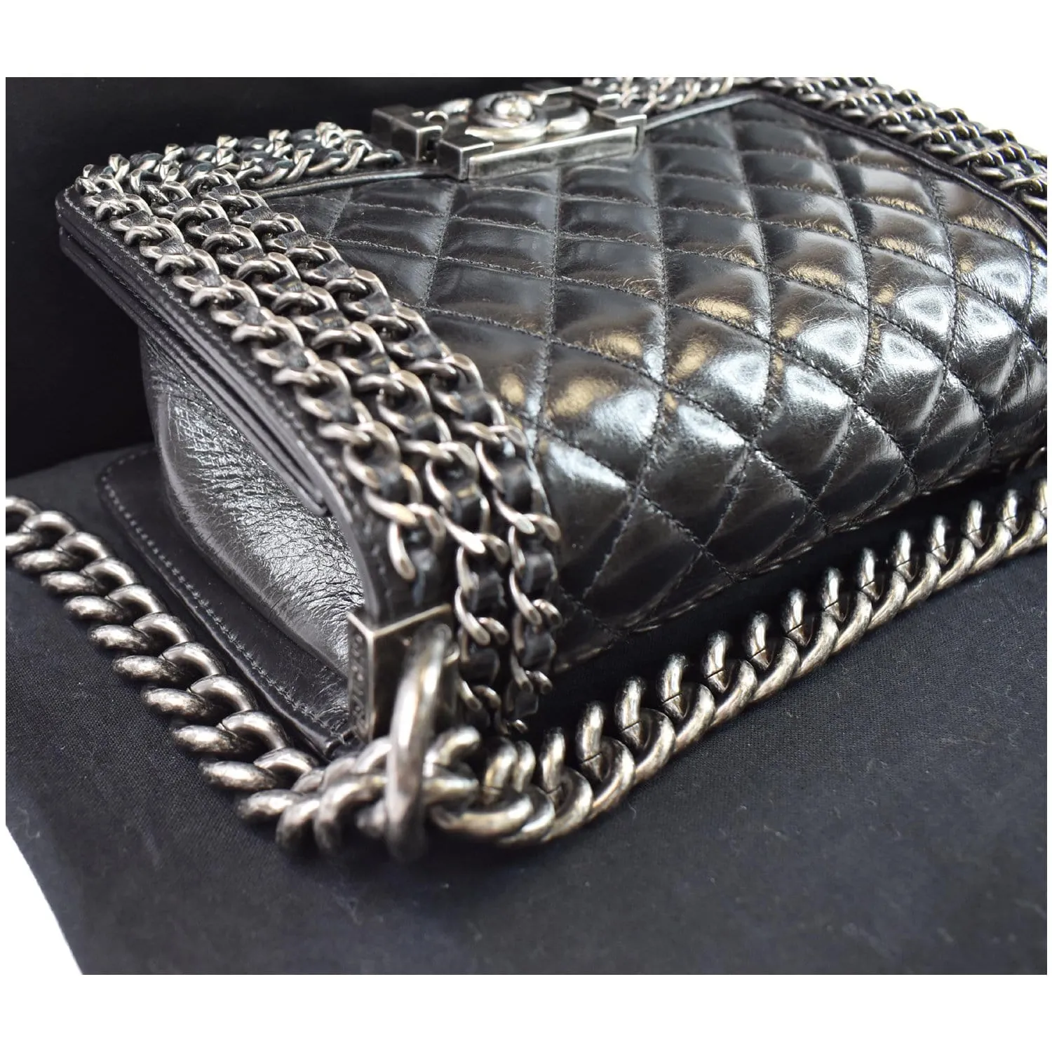 CHANEL Small Boy Embellished Chain Lambskin Shoulder Bag Black