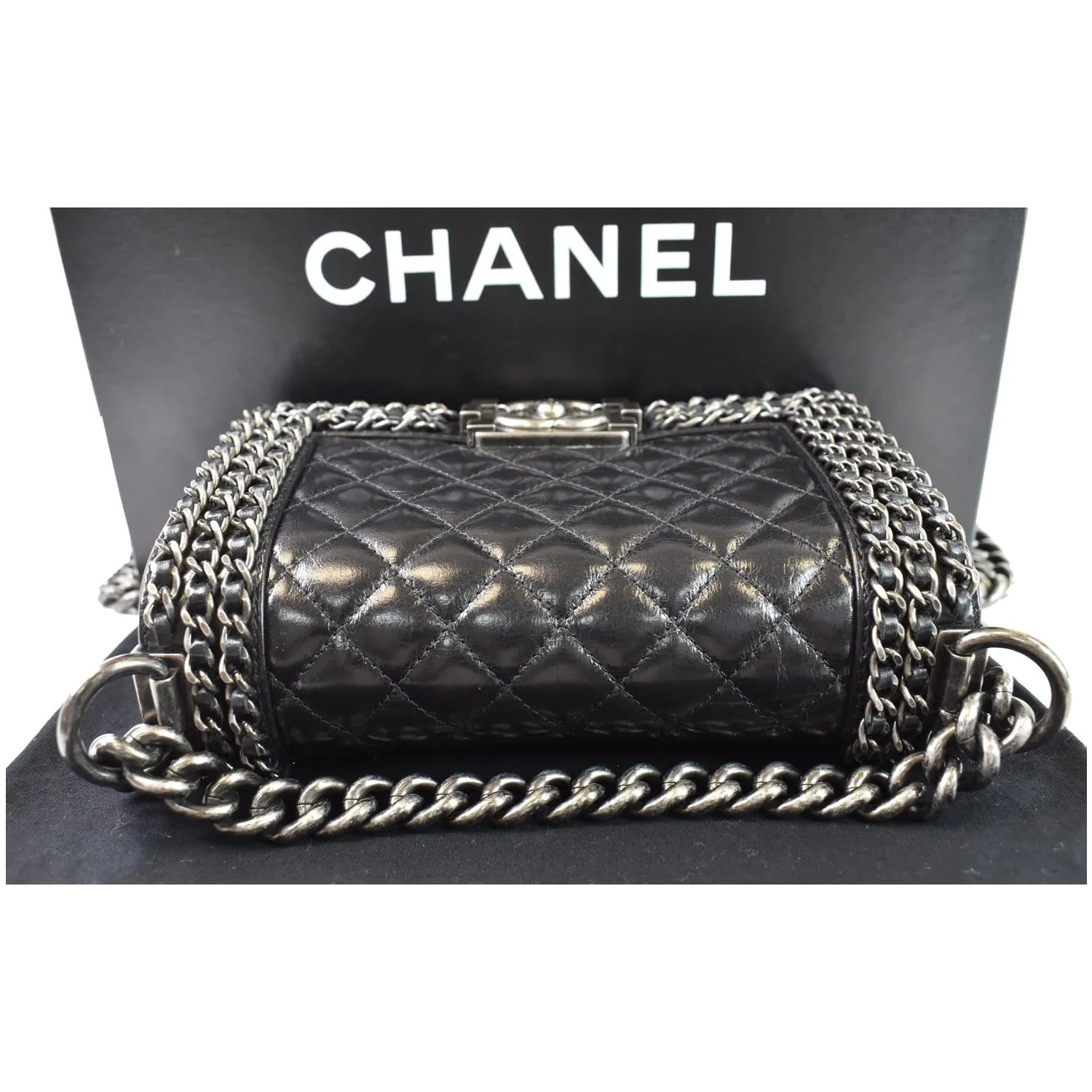 CHANEL Small Boy Embellished Chain Lambskin Shoulder Bag Black
