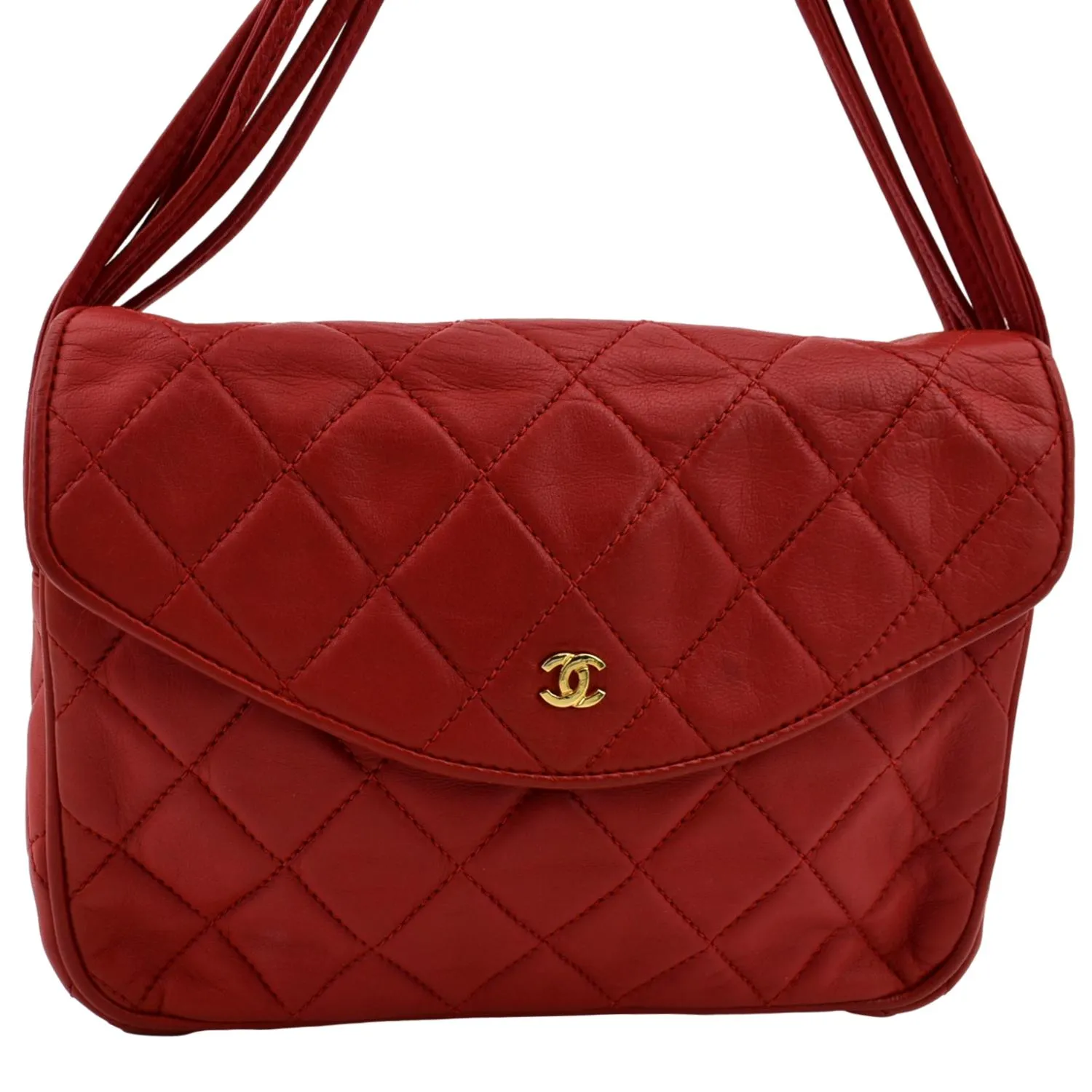 CHANEL Vintage Flap Lambskin Leather Shoulder Bag Red