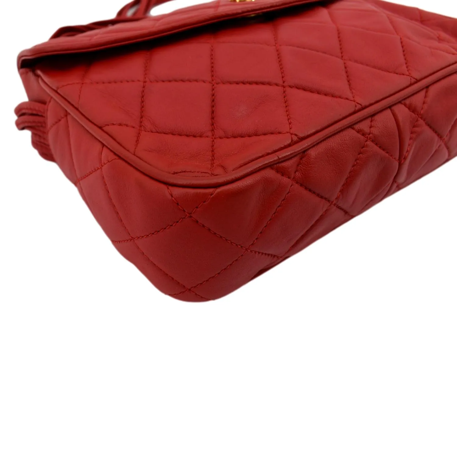 CHANEL Vintage Flap Lambskin Leather Shoulder Bag Red