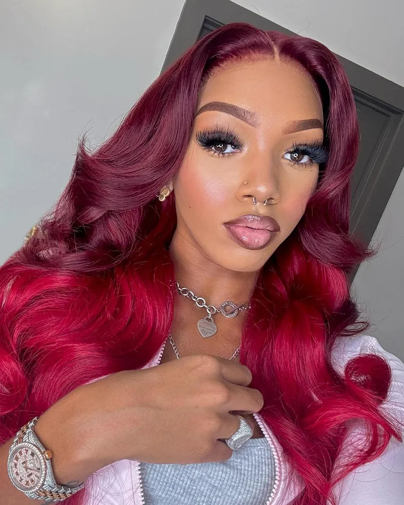 Cherry Red Two-Toned Ombre #99J Burgundy Color Body Wave 13x4 Lace Front Human Hair Wig