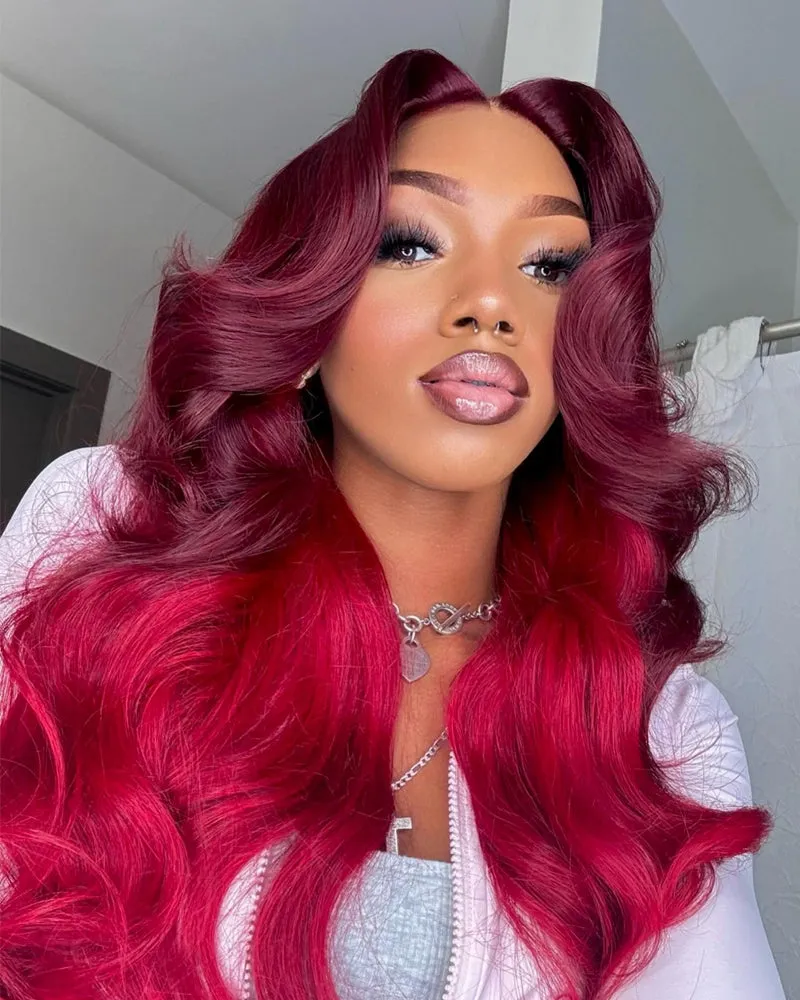 Cherry Red Two-Toned Ombre #99J Burgundy Color Body Wave 13x4 Lace Front Human Hair Wig
