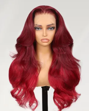 Cherry Red Two-Toned Ombre #99J Burgundy Color Body Wave 13x4 Lace Front Human Hair Wig