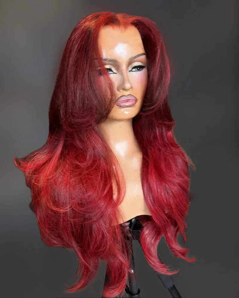 Cherry Red Two-Toned Ombre #99J Burgundy Color Body Wave 13x4 Lace Front Human Hair Wig