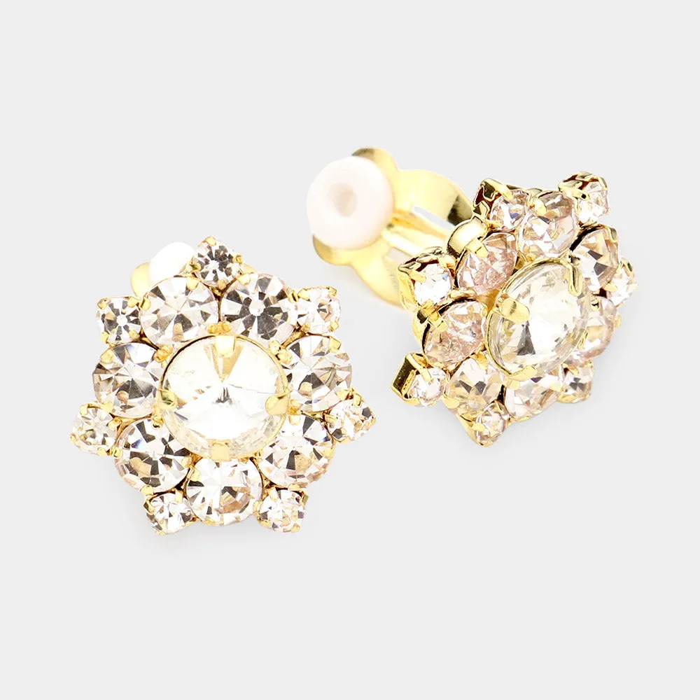 Clear Crystal Bubble Stone Clip On Pageant Earrings on Gold | Clear Clip On Interview Earrings on Gold   |  532606