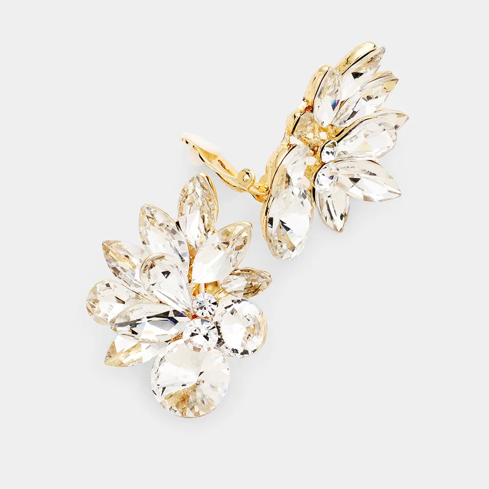 Clear Crystal Leaf Clip On Stud Earrings on Gold | 235417