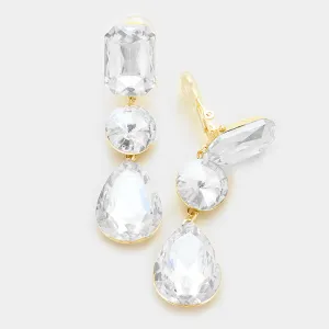 Clear Crystal Triple Drop Geometric Shape Clip On Pageant Earrings on Gold  | Prom Earrings | 249187