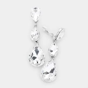 Clear Crystal Triple Teardrop Clip-on Pageant Earrings on Silver | 439142