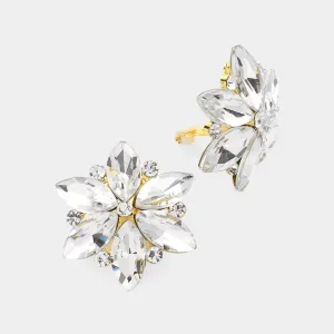 Clear Marquise Stone Cluster Flower Clip On Pageant Earrings on Gold  | Interview Clip On Earrings |  631813