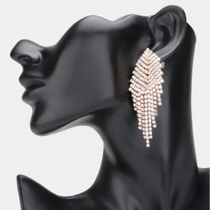Clear Pave Crystal Rhinestone Fringe Clip On Prom Earrings on Rose Gold| Clip On Pageant Earrings | 369965