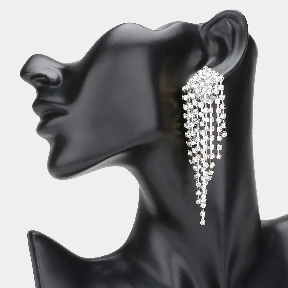 Clear Rhinestone Waterfall Fringe Pageant Clip On Earrings | Clip On Prom Earrings |  422685