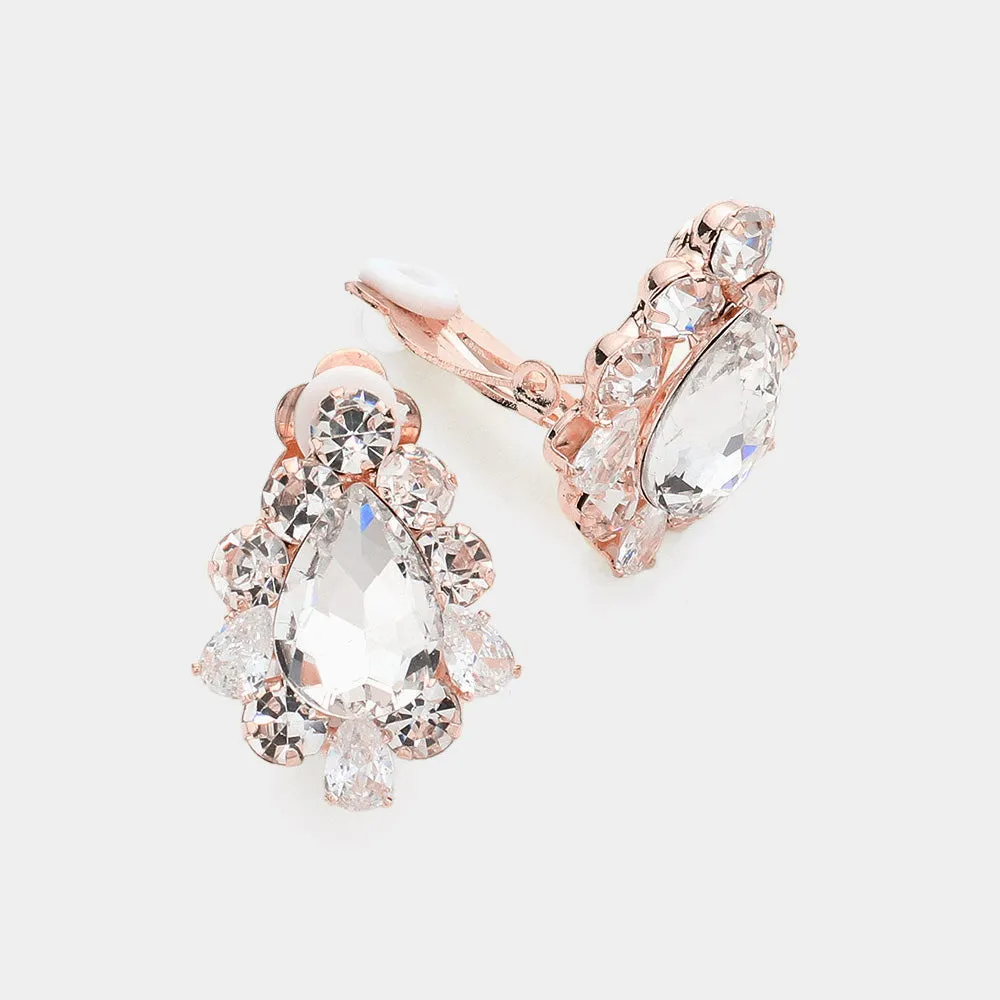 Clear Teardrop Stone Surrounded by Crystal Bubble Stone Clip On Earrings on Rose Gold | Interview Earrings |  655013