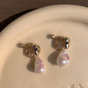 [Clip on] Ella's Large Baroque Shape Pearl Dangle with Gold Stud Earrings