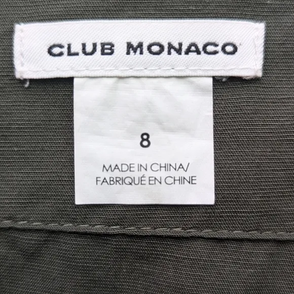Club Monaco Linen Olive Green Belted Paper Bag Neutral Minimalist Skirt Size 8