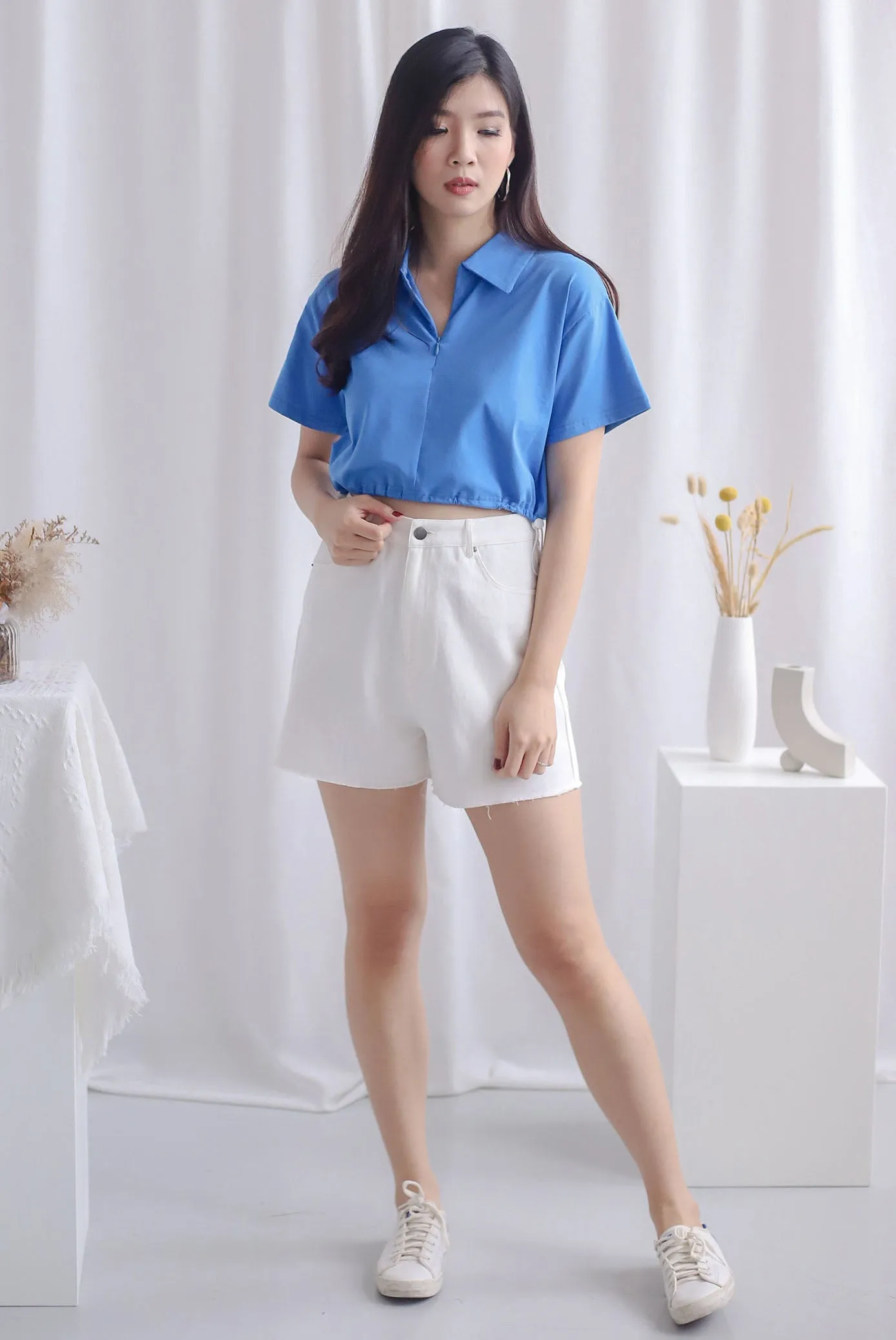 Clyde Drawstring Zip Polo Top In Blue