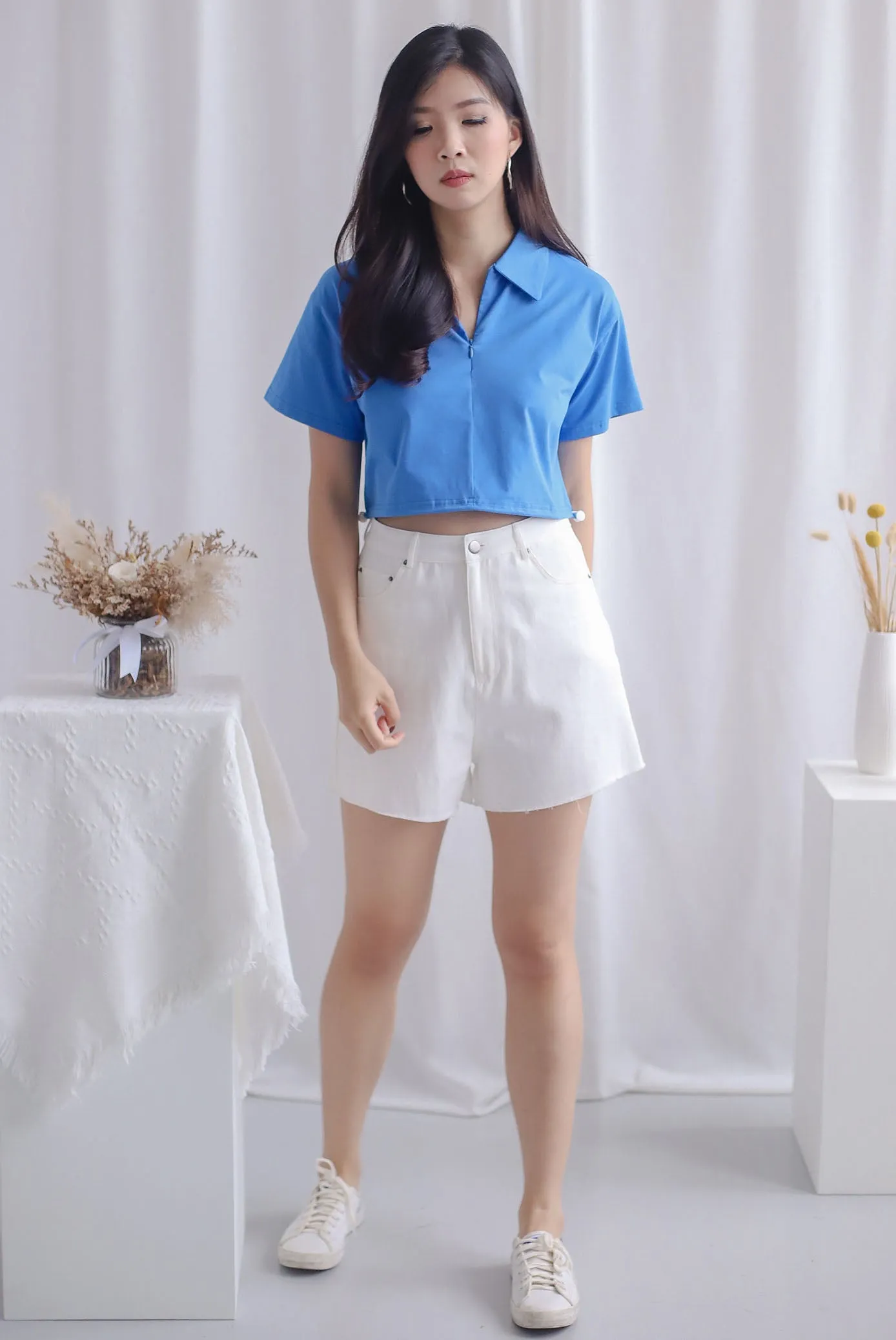 Clyde Drawstring Zip Polo Top In Blue
