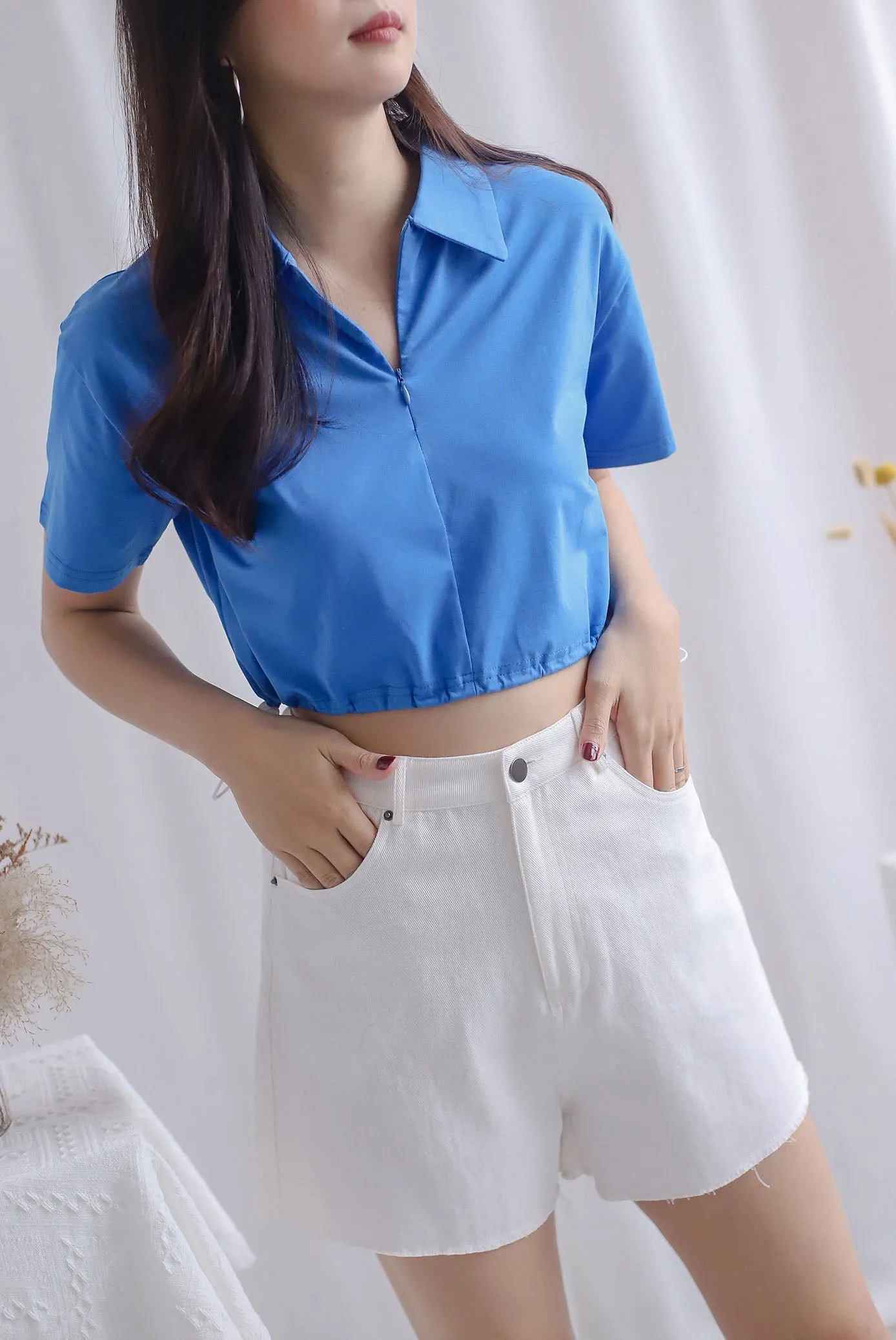 Clyde Drawstring Zip Polo Top In Blue