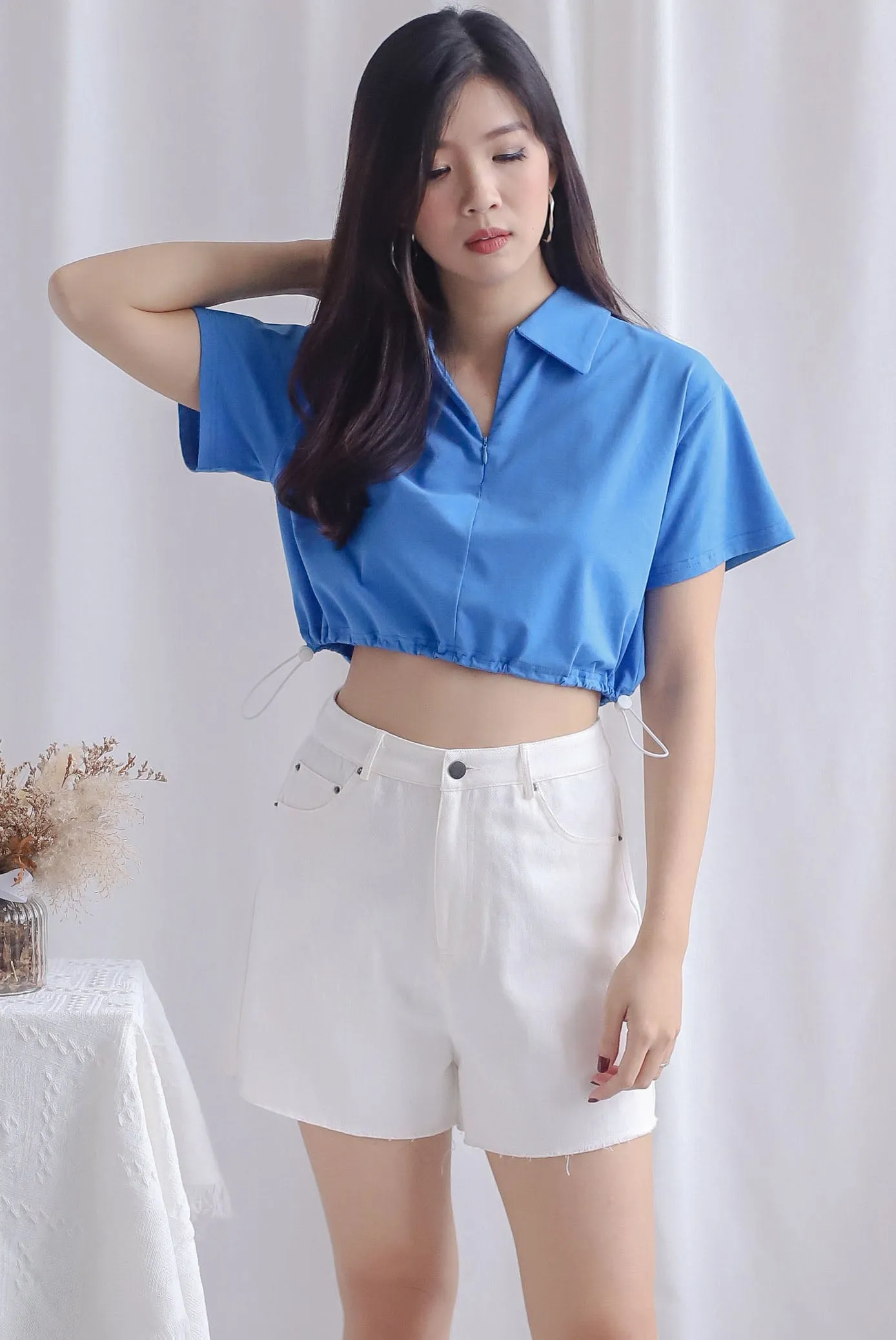 Clyde Drawstring Zip Polo Top In Blue