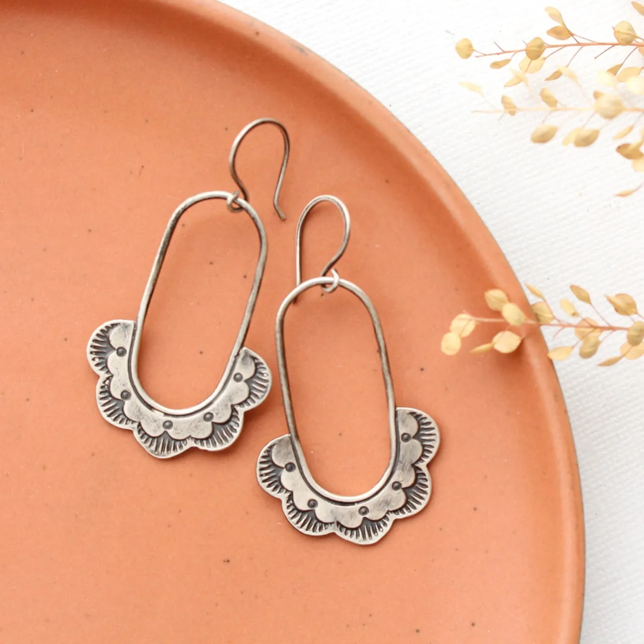 Columbine Stamped Silver Hoop Earrings