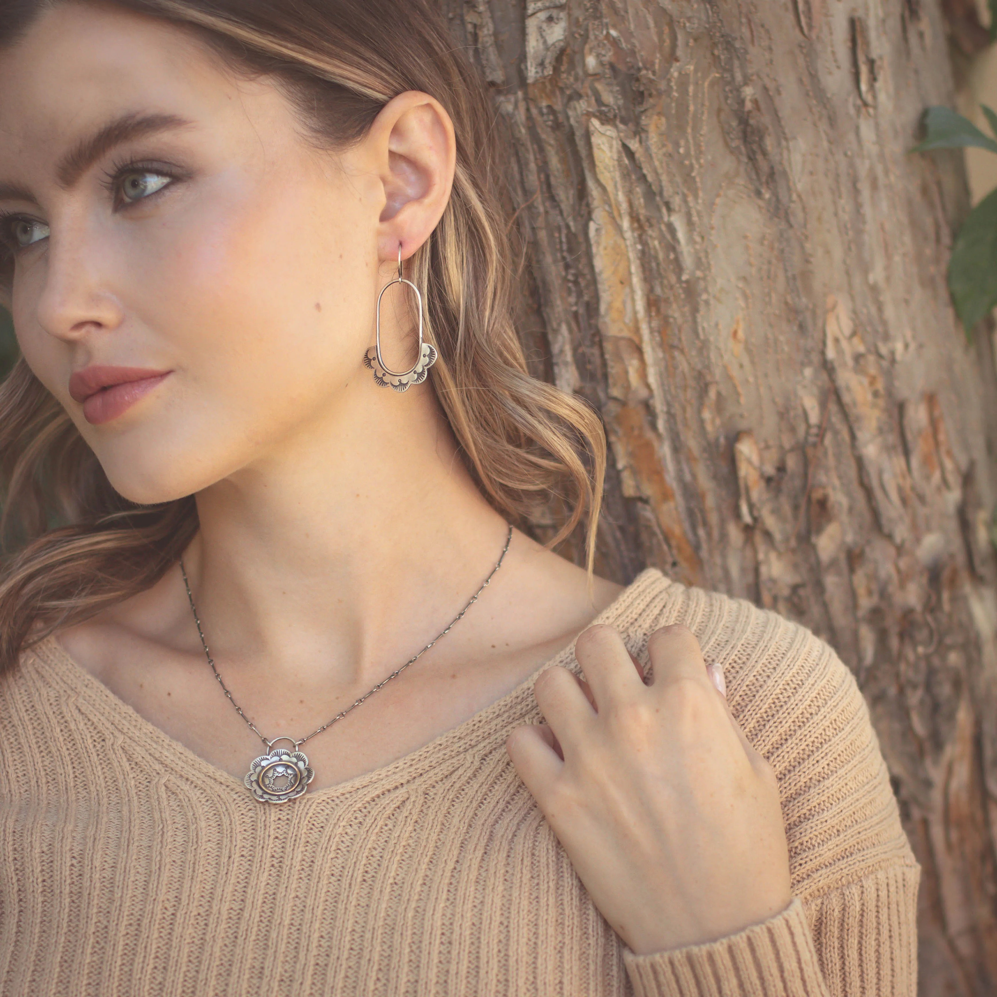 Columbine Stamped Silver Hoop Earrings