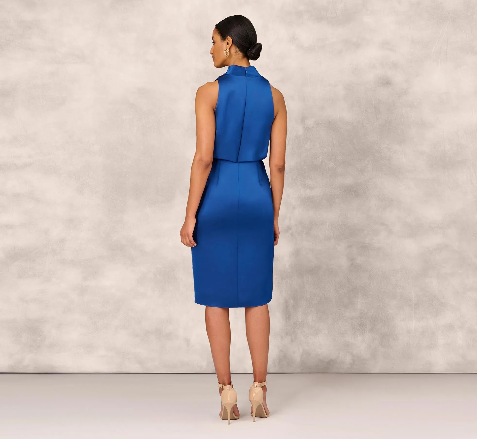 Cowl Neck Cocktail Dress With Front Draped Skirt In Deep Ocean