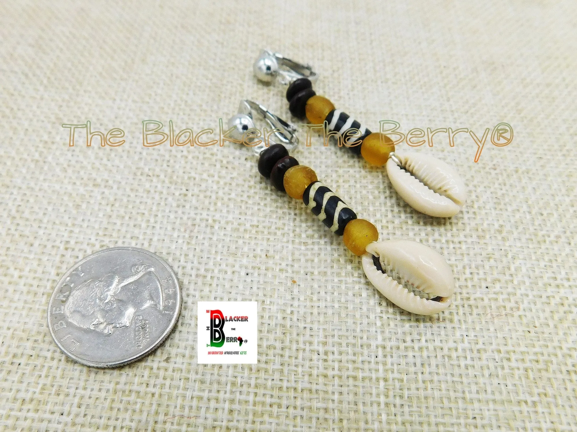 Cowrie Clip On Earrings Ethnic Women Jewelry Handmade Non Pierced Black Owned