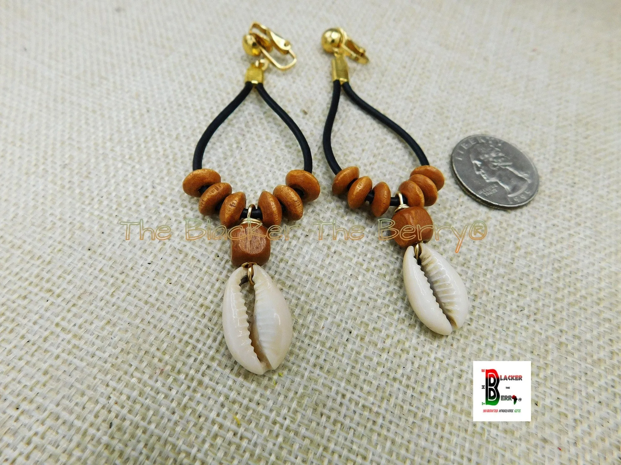 Cowrie Clip On Earrings Leather Wooden Beaded Women Non Pierced Dangle Jewelry