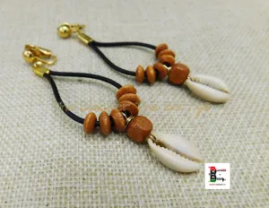 Cowrie Clip On Earrings Leather Wooden Beaded Women Non Pierced Dangle Jewelry