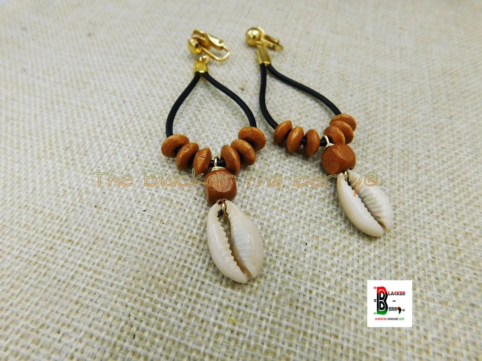 Cowrie Clip On Earrings Leather Wooden Beaded Women Non Pierced Dangle Jewelry