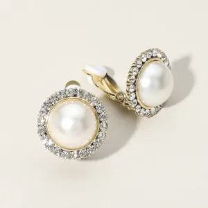 Cream Pearl Surrounded by Clear Crystal Stones Clip On Pageant Earrings on Gold | Pearl Clip On Earrings |  654053