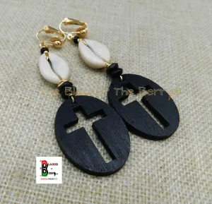 Cross Earrings Wood Black Clip On Christian Beaded Cowrie Jewelry Handmade