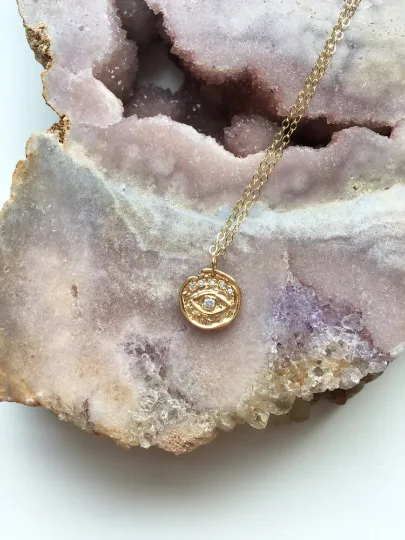 Cubic Zirconia Evil Eye Gold Charm Necklace - Layering Necklace - Dainty Gold Necklace - Gold Jewelry