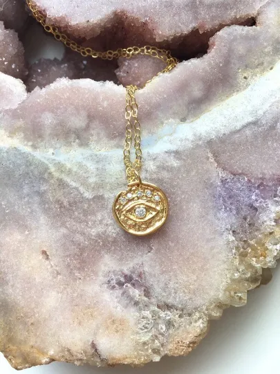 Cubic Zirconia Evil Eye Gold Charm Necklace - Layering Necklace - Dainty Gold Necklace - Gold Jewelry