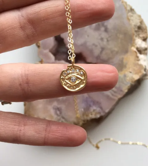 Cubic Zirconia Evil Eye Gold Charm Necklace - Layering Necklace - Dainty Gold Necklace - Gold Jewelry