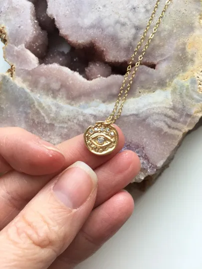 Cubic Zirconia Evil Eye Gold Charm Necklace - Layering Necklace - Dainty Gold Necklace - Gold Jewelry
