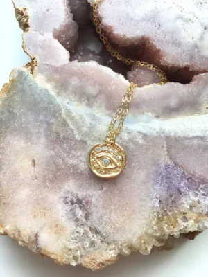 Cubic Zirconia Evil Eye Gold Charm Necklace - Layering Necklace - Dainty Gold Necklace - Gold Jewelry