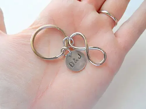 Custom Infinity Keychain with Hand Stamped Tag for Couples or Best Friends Initials, Anniversary Gift Keychain