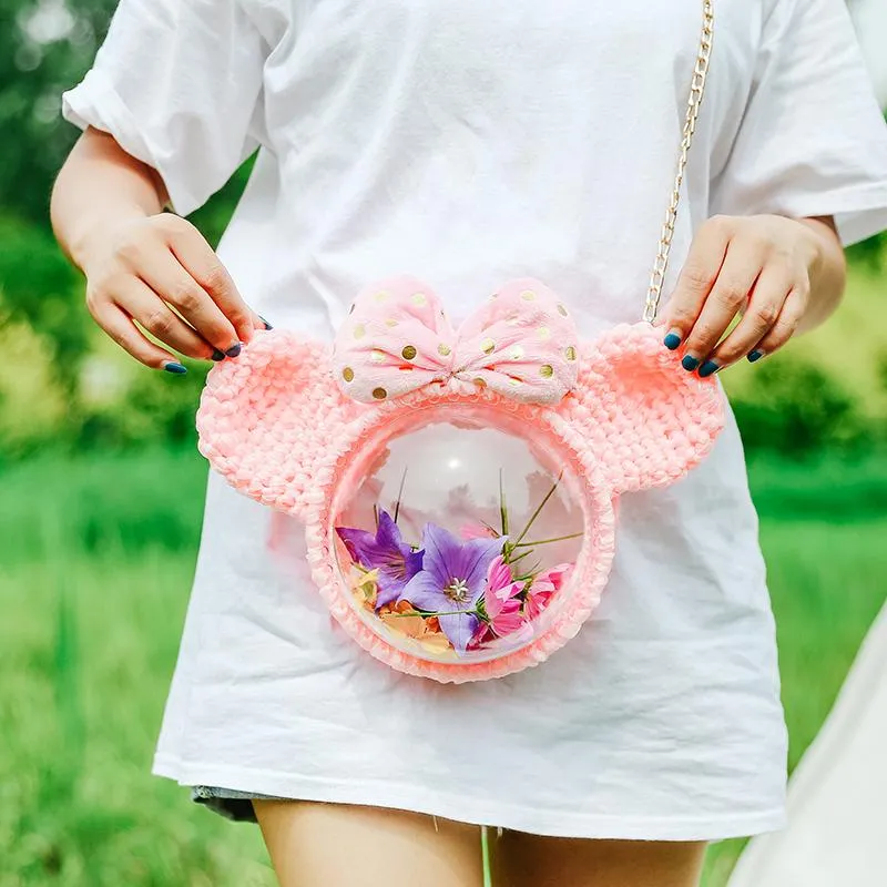 Cute Pink&Purple&Yellow Crochet Mouse Pink Backpack Mouse Crochet Shoulder Bag for Girl Pink Mouse Crochet Crossbody Purse