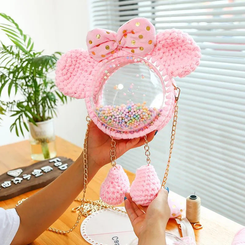 Cute Pink&Purple&Yellow Crochet Mouse Pink Backpack Mouse Crochet Shoulder Bag for Girl Pink Mouse Crochet Crossbody Purse