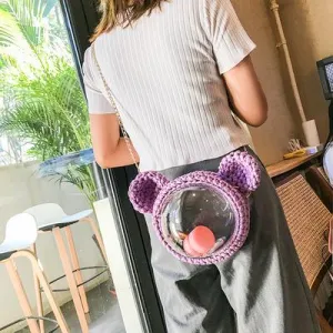 Cute Pink&Purple&Yellow Crochet Mouse Pink Backpack Mouse Crochet Shoulder Bag for Girl Pink Mouse Crochet Crossbody Purse