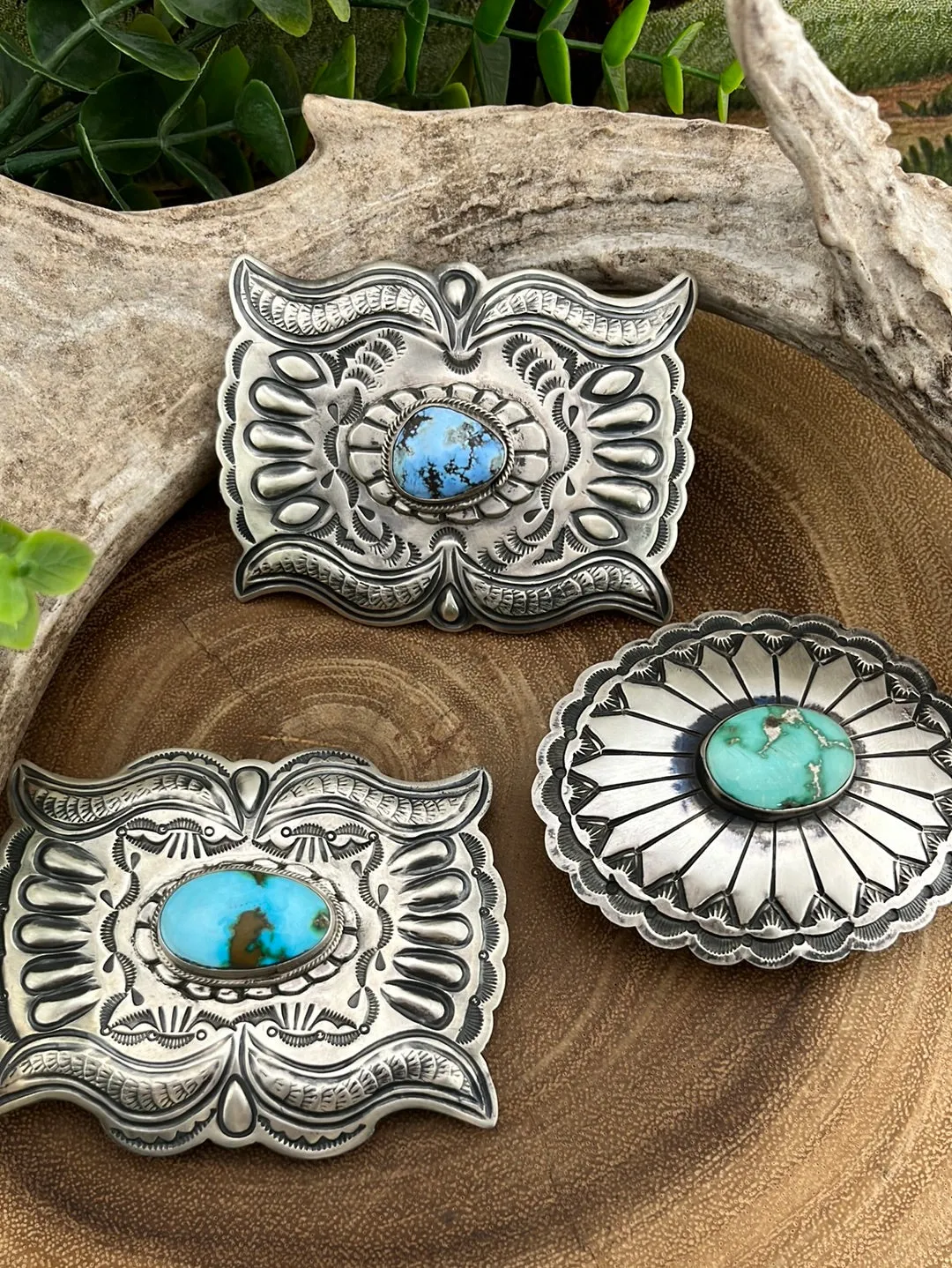 Dakota Sterling Silver and Golden Hills Turquoise Stamped Belt Buckle